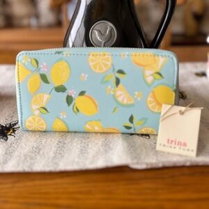 Trina Turk Aqua Lemon Print Zip Around Wallet NWT